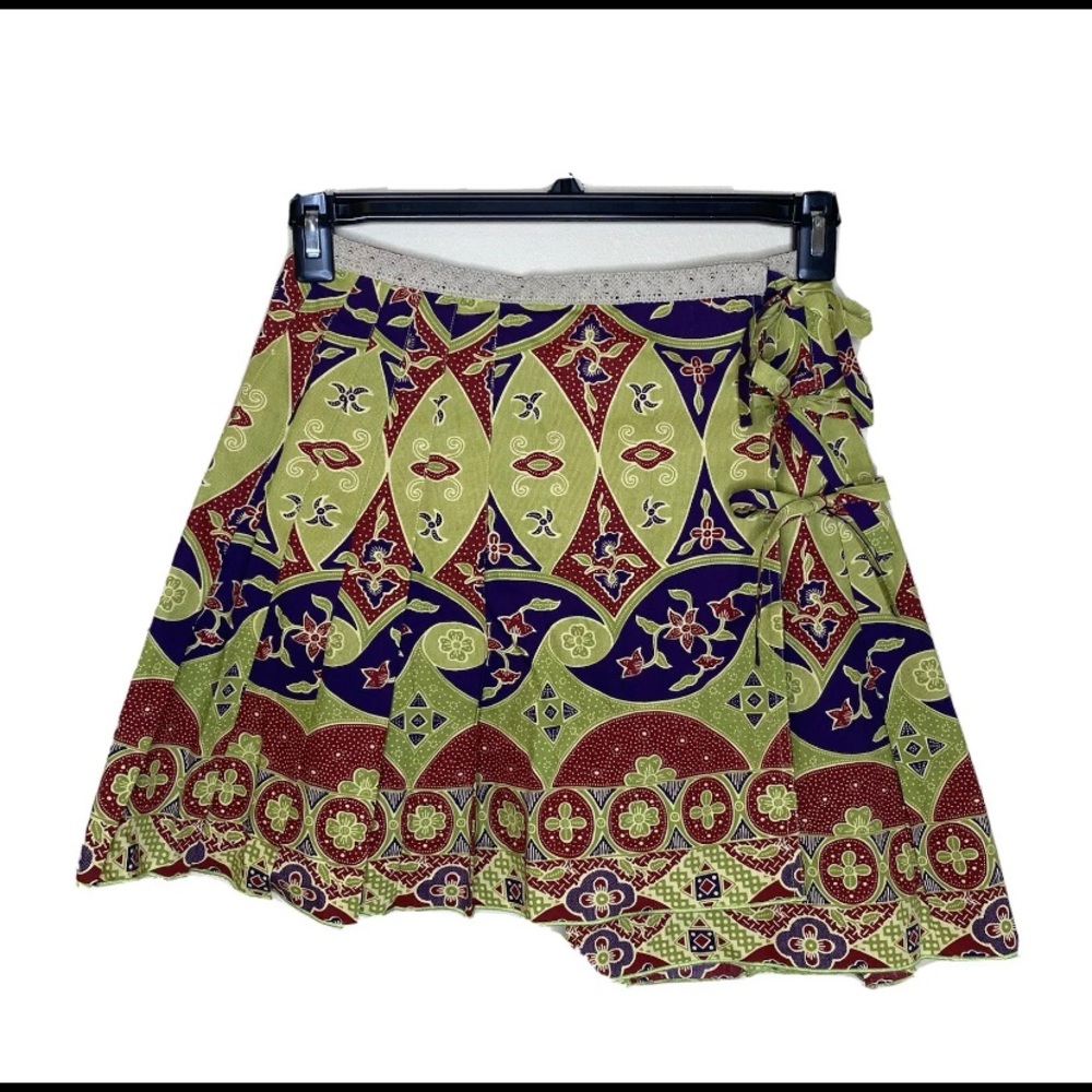 Anna Sui for Anthropologie Threes A Charm Tie Wrap Box Pleat Mini Skirt- Size 10